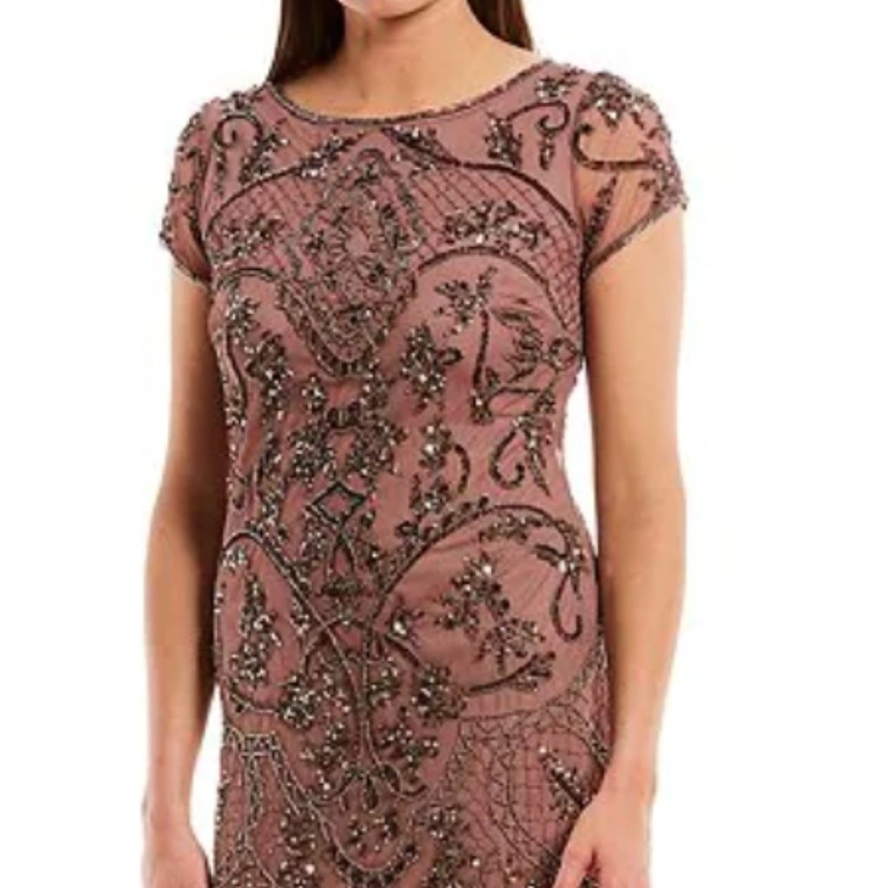 Pisarro Nights Beaded Sequin Round Neck Short Sleeve Sheath Godet Gown Mauve 16W